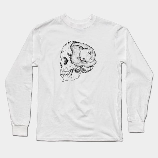 Cat in a skull Long Sleeve T-Shirt by popcornpunk